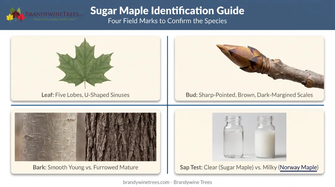 Sugar maple leaf bark and sap identification features comparison chart