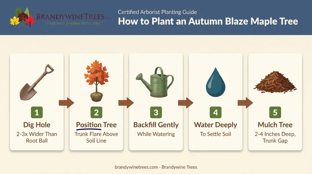 5-step Autumn Blaze Maple tree planting process infographic diagram