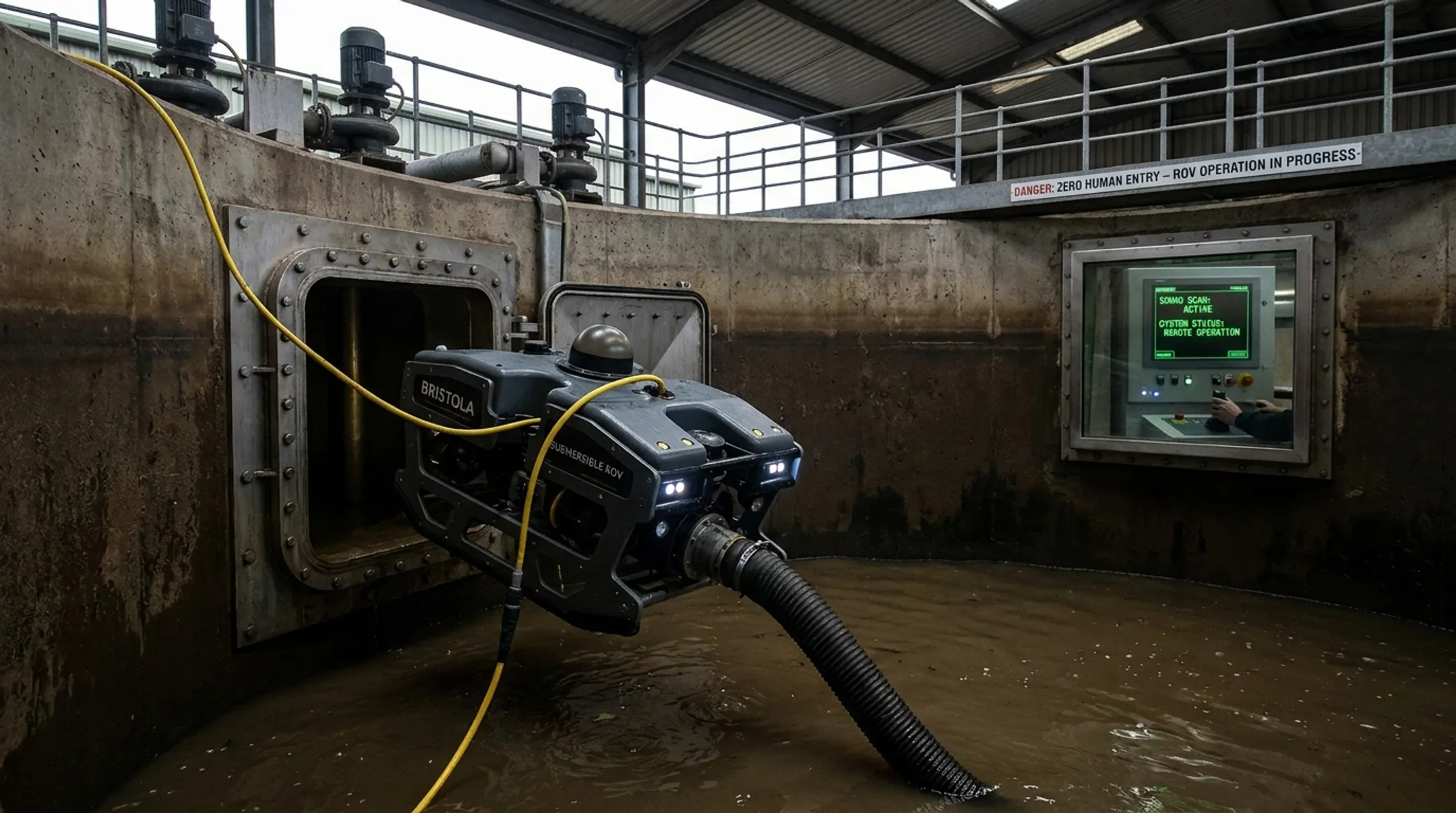 Submersible robotic tank cleaning system operating inside industrial wastewater tank