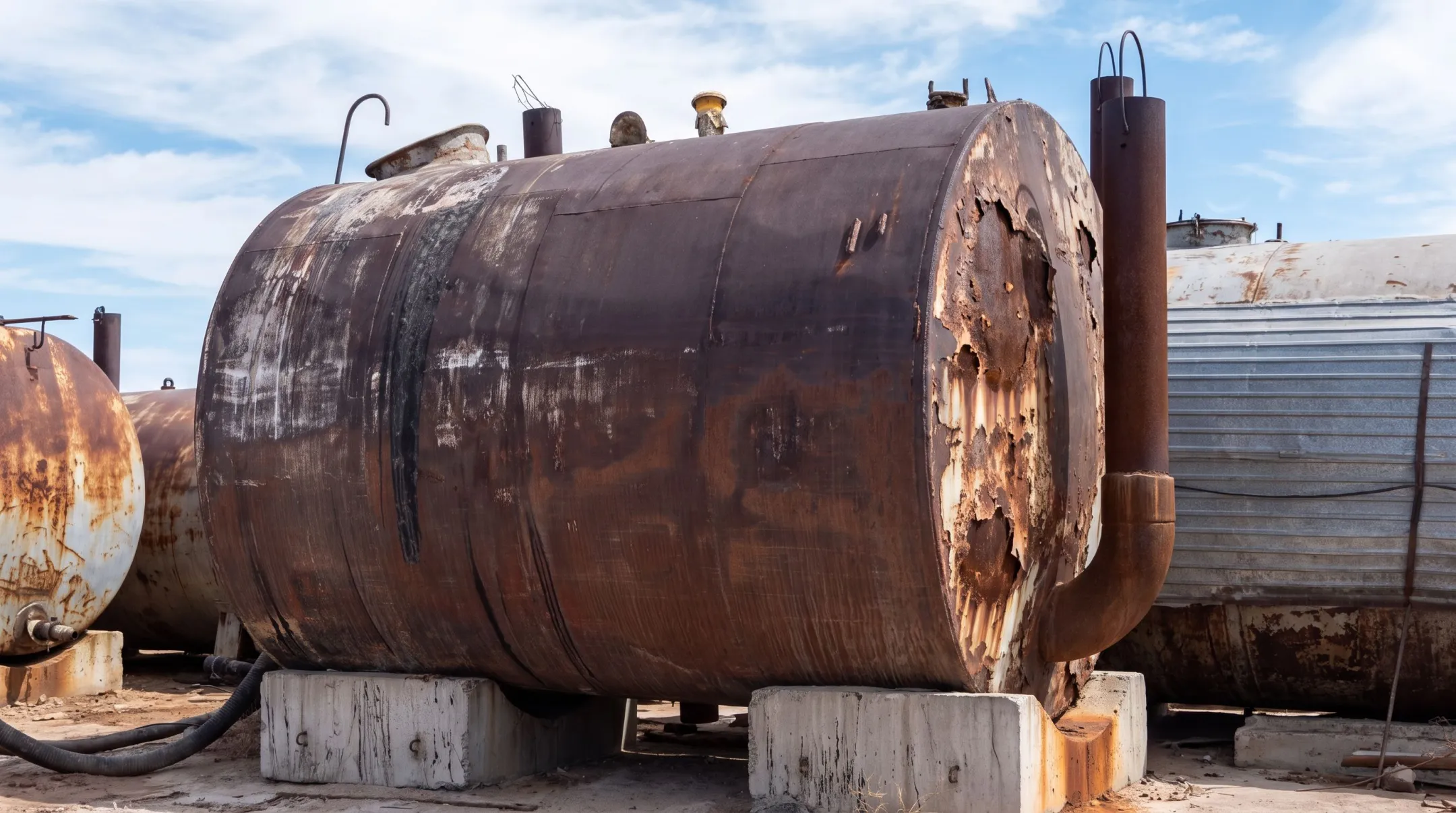 Corroded underground fuel storage tank showing rust and structural wear
