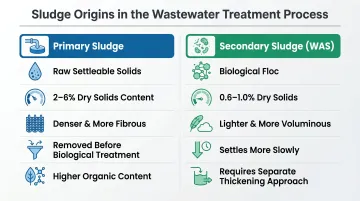 Primary versus secondary clarifier sludge characteristics comparison infographic