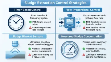 Four clarifier sludge extraction control strategies comparison flow diagram