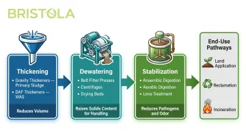 Wastewater sludge downstream processing stages from clarifier to biosolids disposal