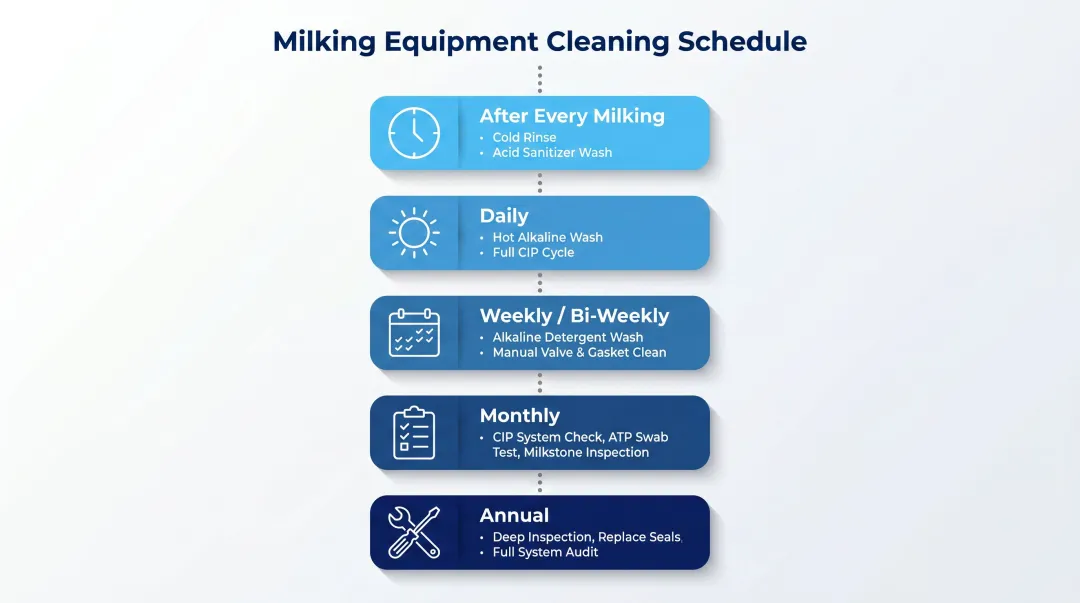 Dairy tank cleaning schedule frequency timeline from daily cycles to annual service intervals