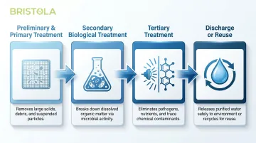 Four-stage wastewater treatment process flow from screening to disinfection