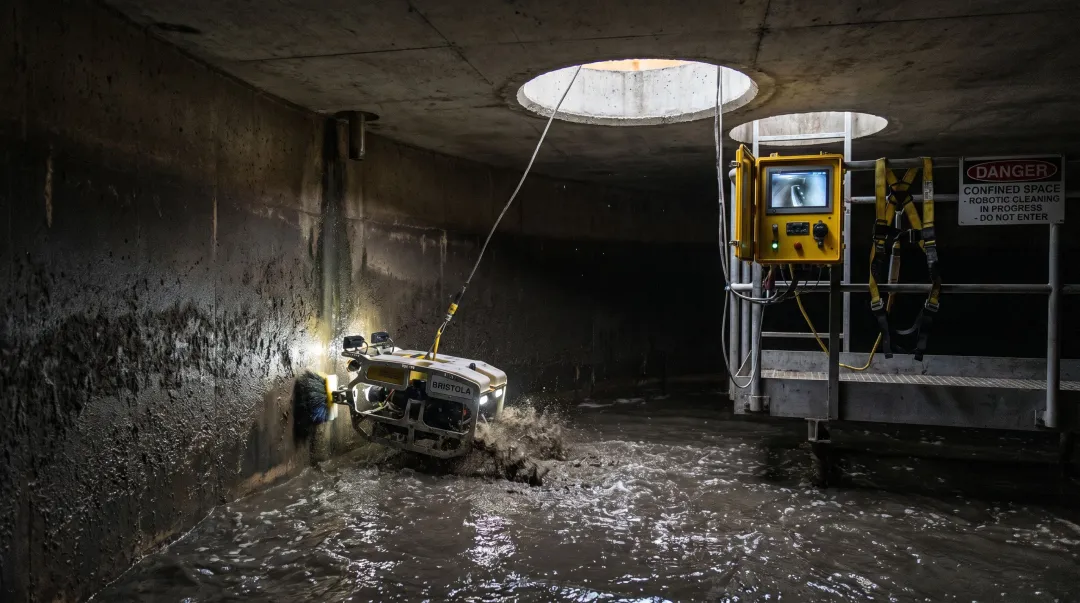 Bristola robotic ROV cleaning system operating inside active anaerobic digester tank