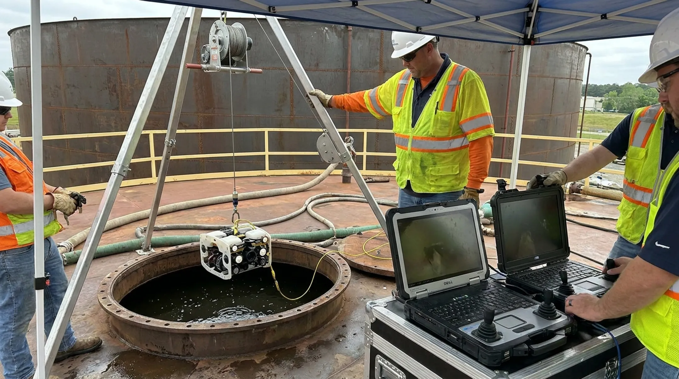 Robotic submersible tank cleaning system entering operational storage tank