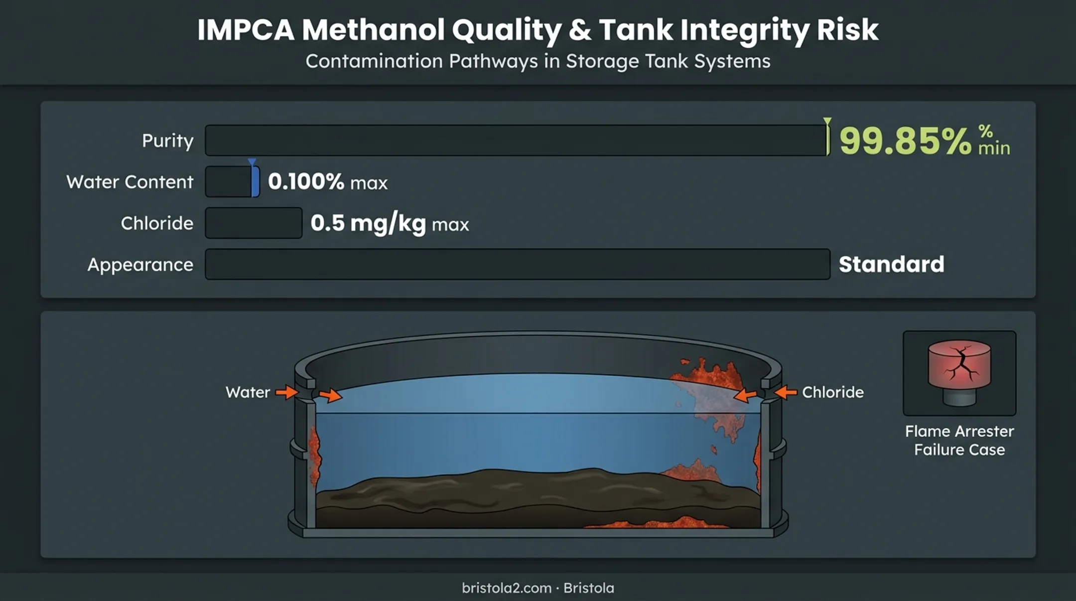 Methanol tank contamination sources and quality specification limits chart