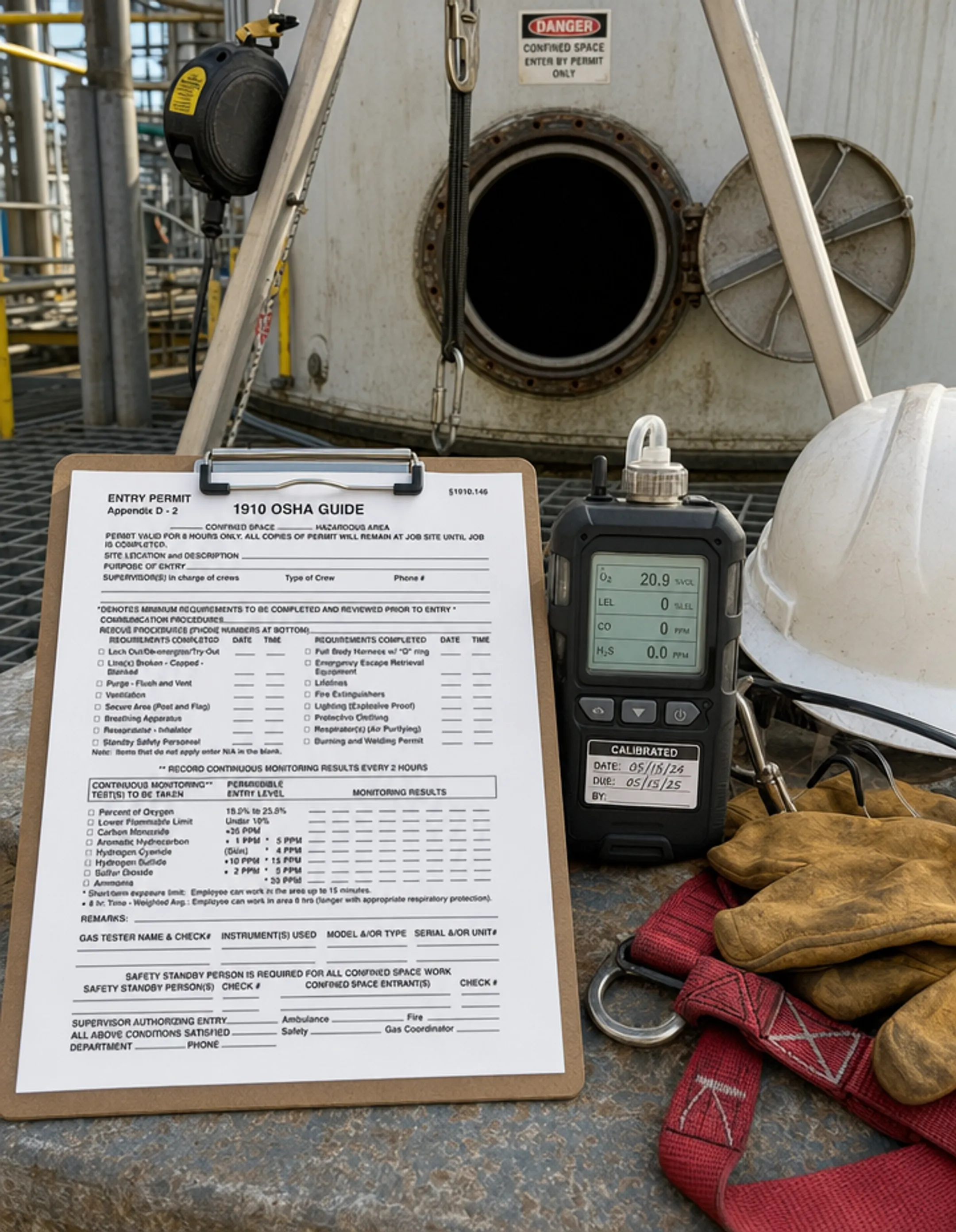 Confined space entry permit and gas monitoring equipment for tank cleaning