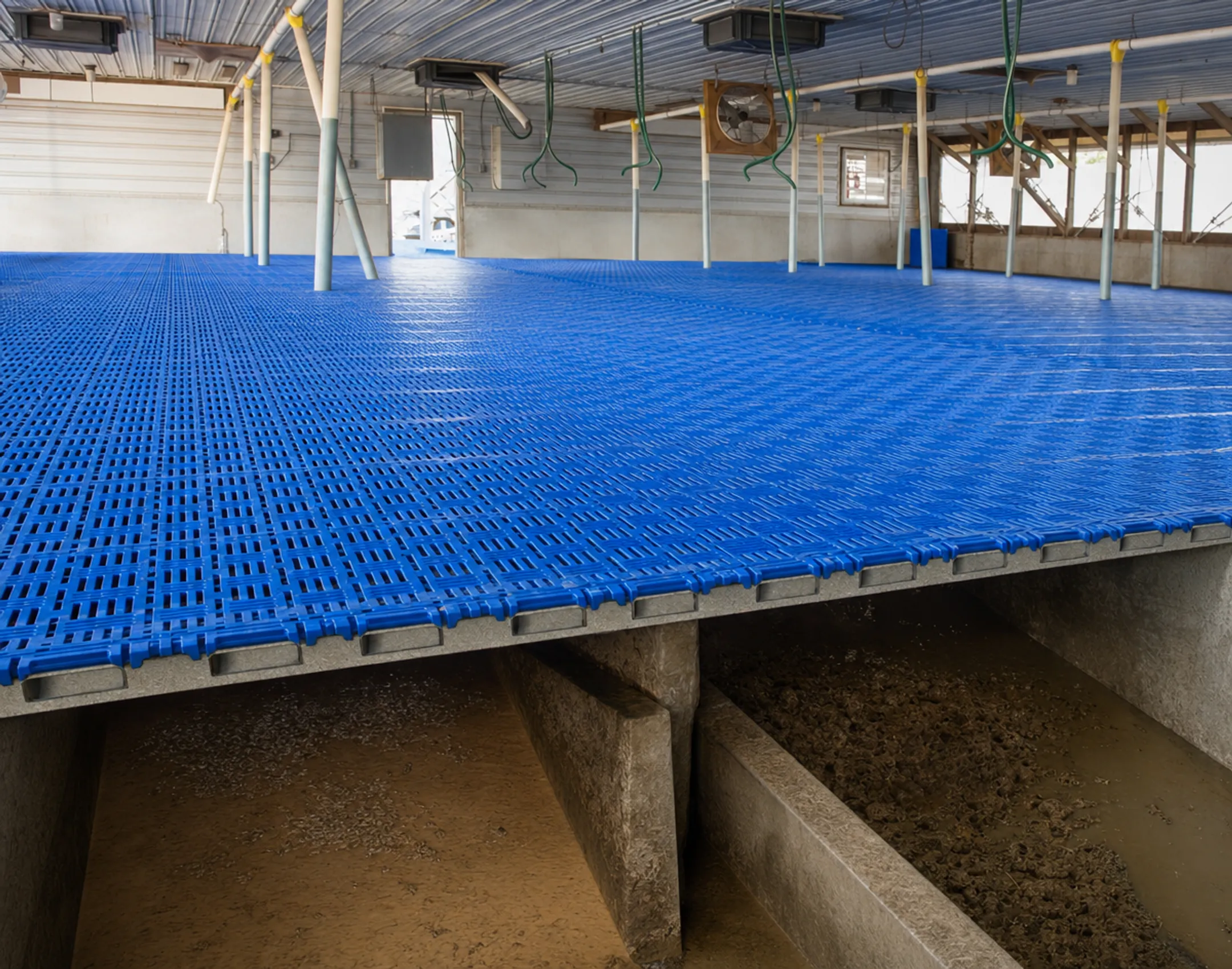Hog farm slatted floor pit manure storage housing system
