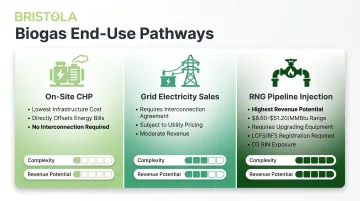 Three biogas end-use pathways comparison CHP grid electricity and RNG pipeline injection