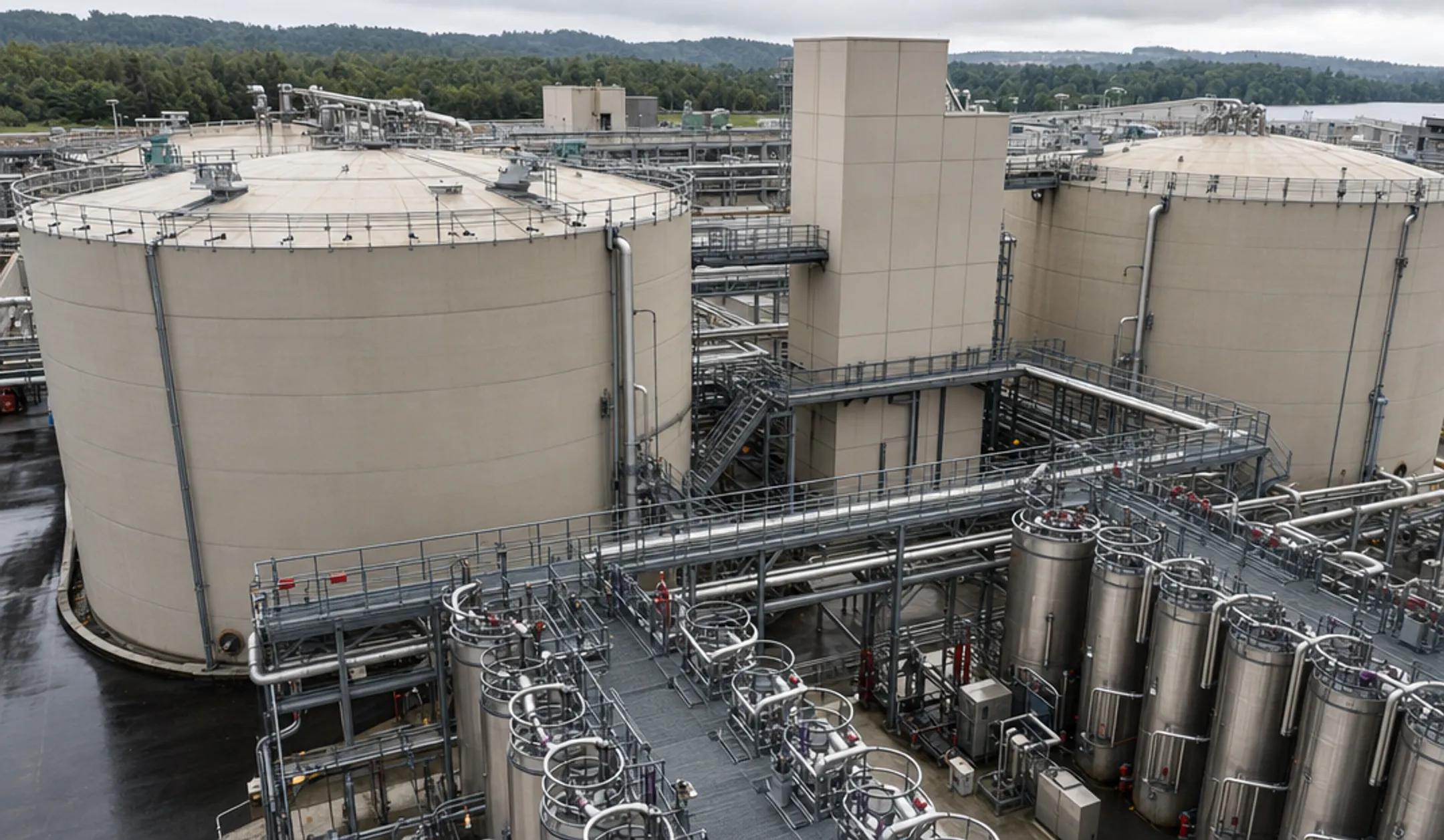 Anaerobic digester tanks at municipal wastewater treatment facility exterior