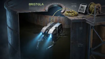 Submersible robotic ROV entering industrial tank through manhole portal for zero-entry cleaning