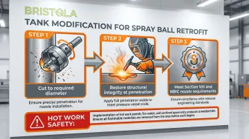 Three-step tank port cutting welding and flange installation process flow infographic