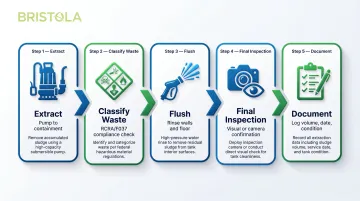5-step industrial tank sludge extraction flush and verification process flow