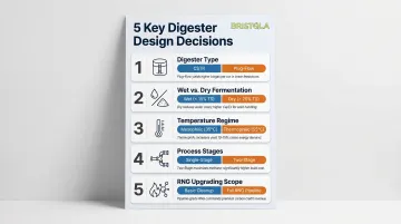 Five key biogas digester design decisions with cost and yield implications flowchart