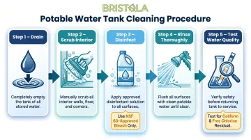 5-step potable water tank cleaning process from drain to bacteria testing