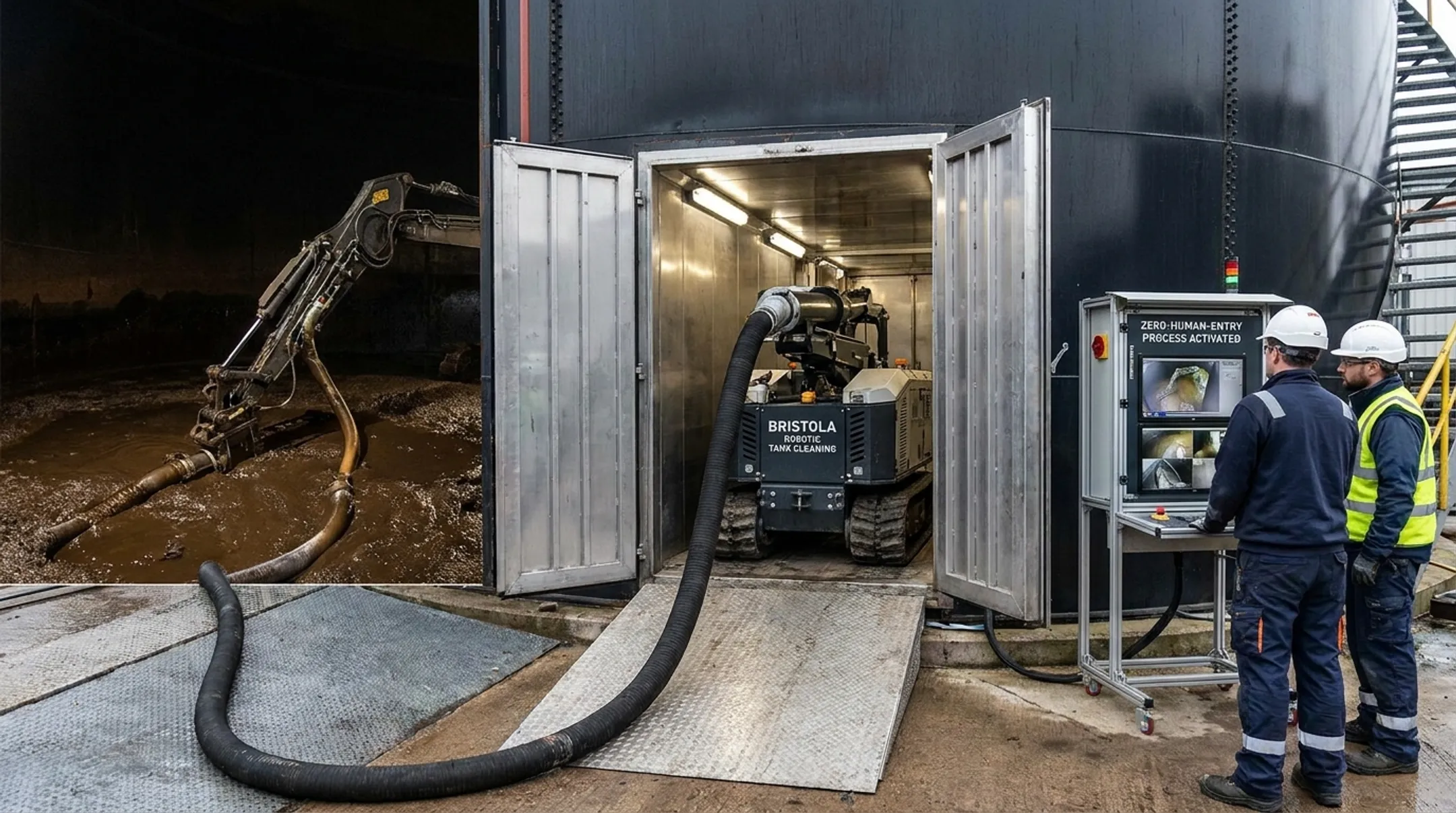 Robotic tank cleaning vehicle removing sludge without confined space entry