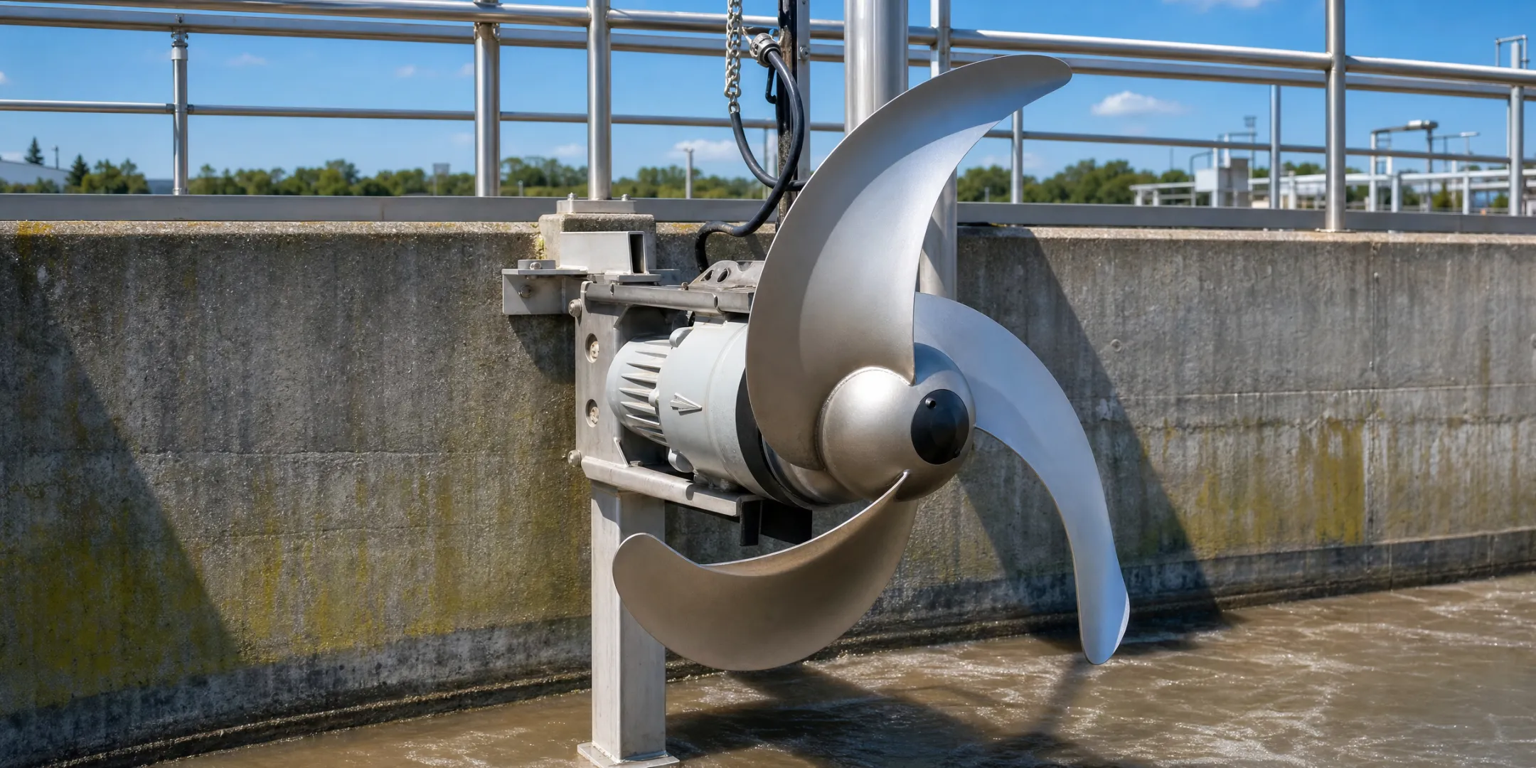 Industrial mixers agitating wastewater sludge inside blending tank