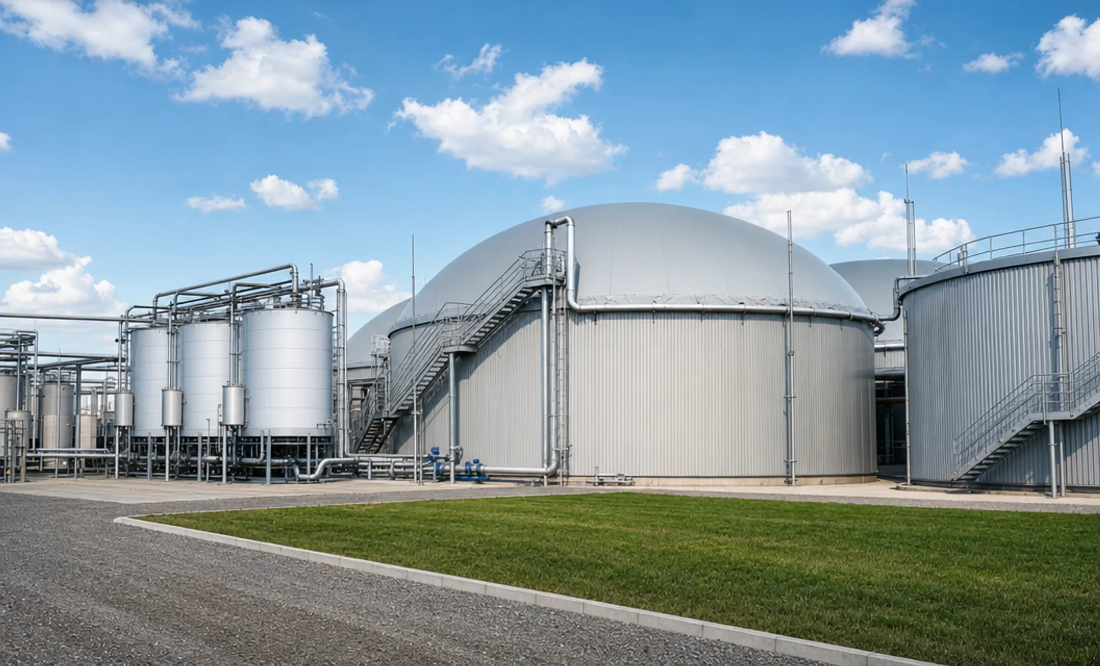 Industrial anaerobic digester and biogas storage tanks at treatment facility