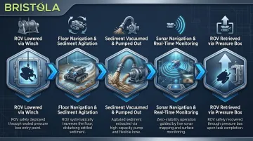 5-step Bristola ROV zero-human-entry lagoon cleaning process flow diagram