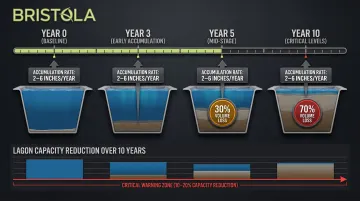 Industrial lagoon sludge accumulation rate and volume loss over 10 years