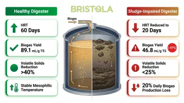Digester sludge accumulation impact on biogas yield and operational performance metrics