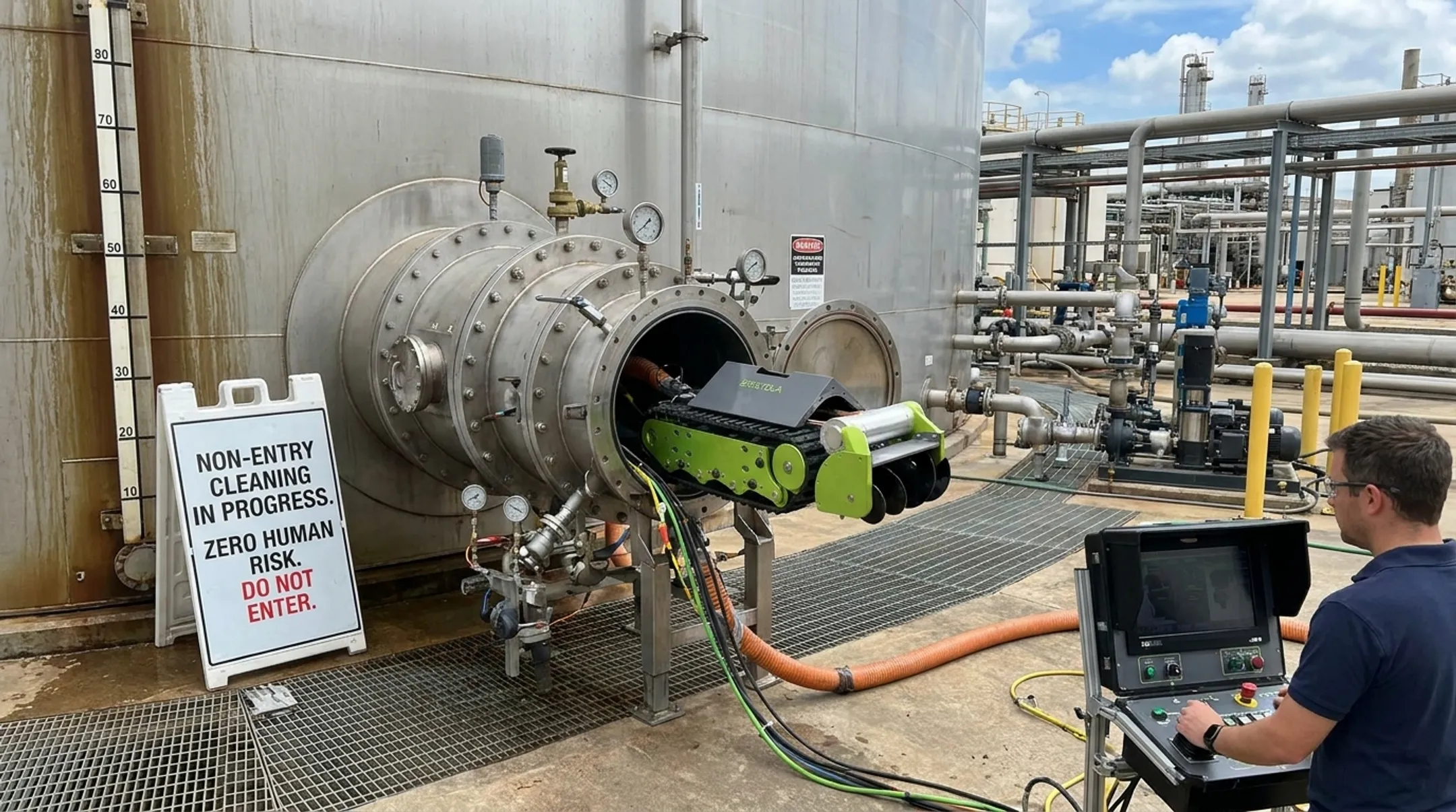 Robotic submersible system entering ammonia tank through equalization chamber