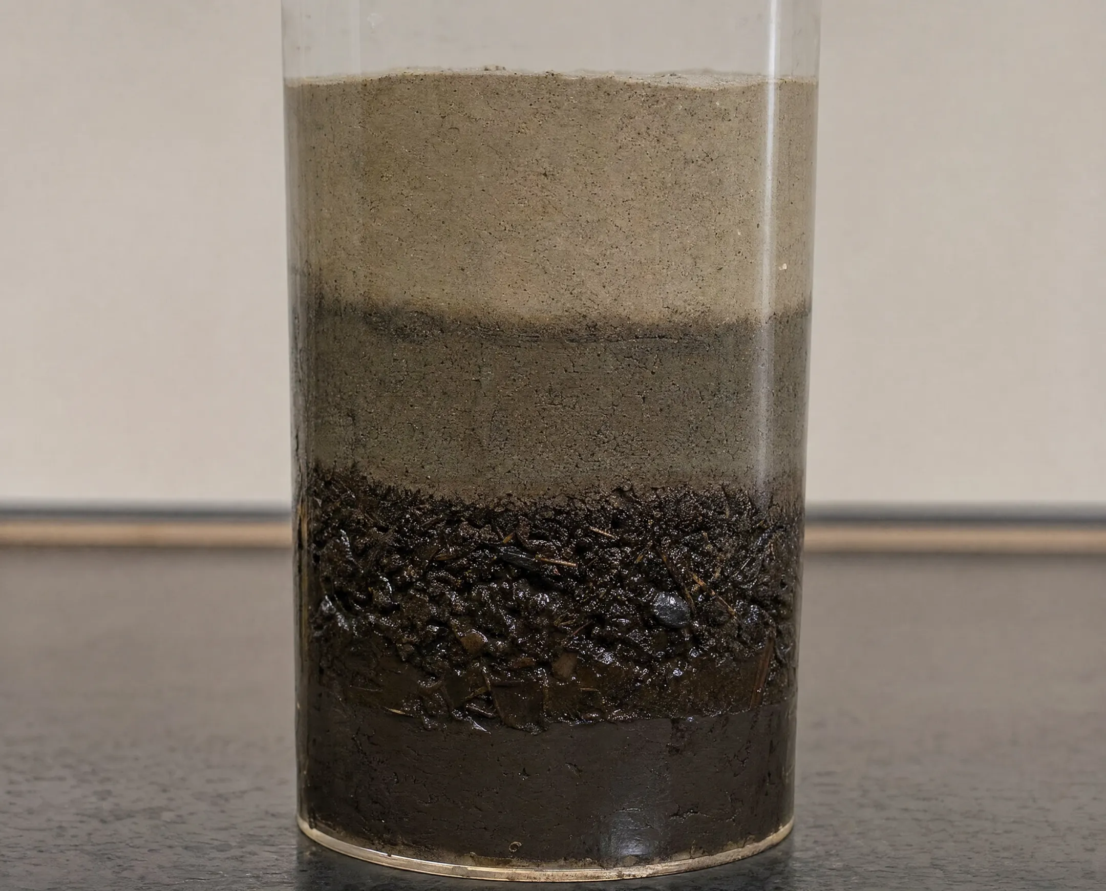 Pond bottom sediment core sample showing silt and sludge layers