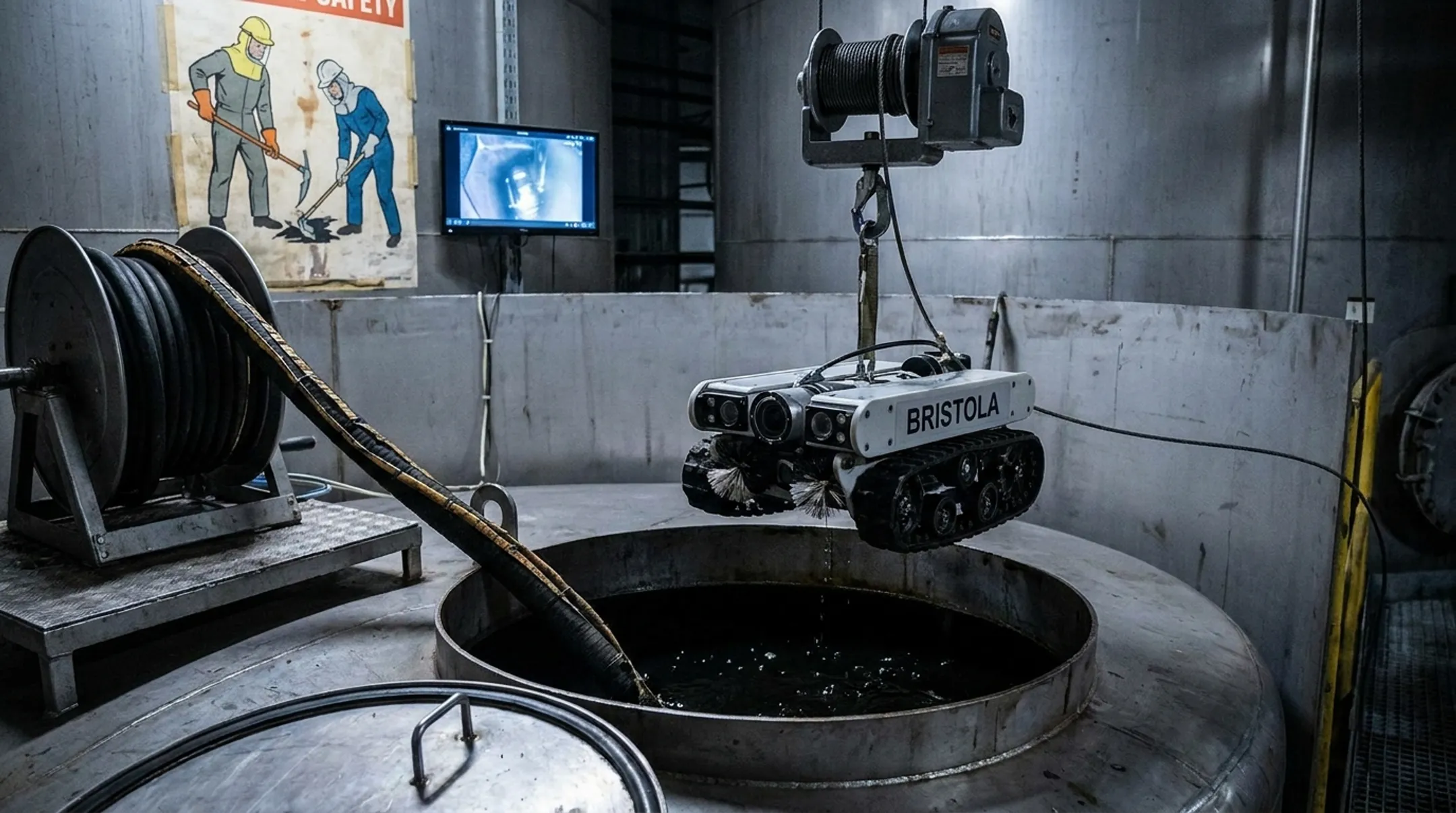 Robotic ROV tank cleaning system removing sludge without shutdown