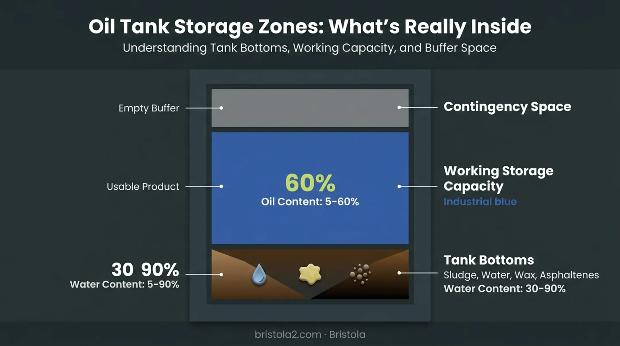 Storage tank cross-section showing shell capacity working storage and tank bottoms layers