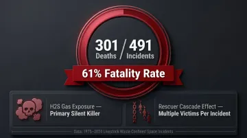 Livestock waste confined space fatality rate 301 deaths out of 491 incidents infographic