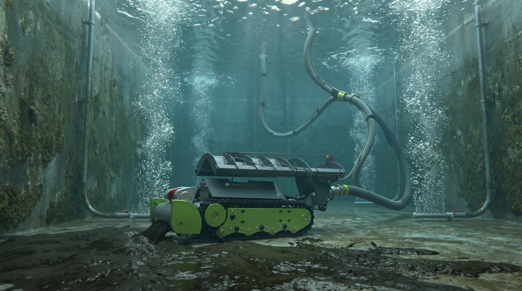 Submersible robotic ROV cleaning wastewater tank without drainage or shutdown