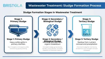 Three-stage wastewater sludge formation process from primary to tertiary treatment