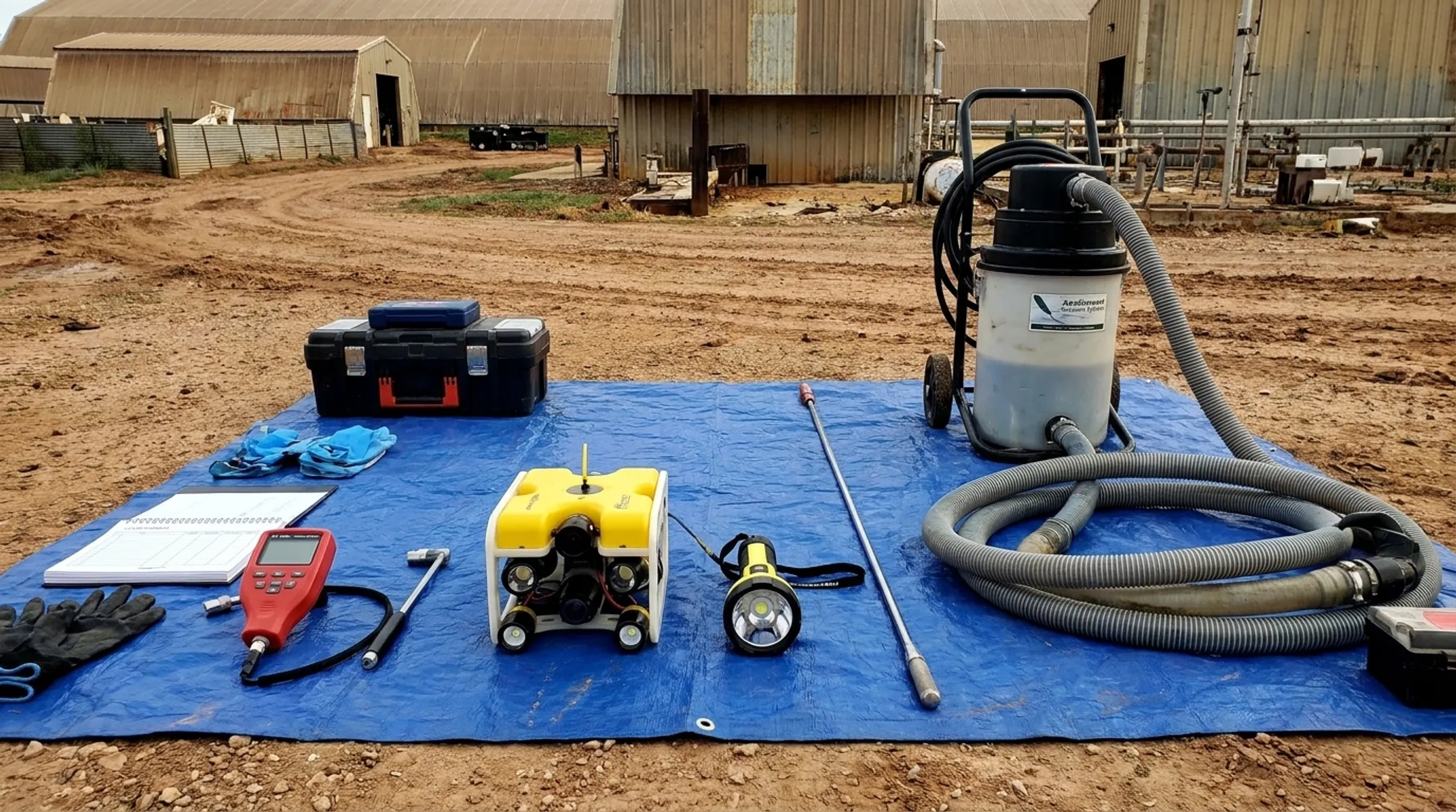 Water tank inspection toolkit with camera gauge and sediment vacuum