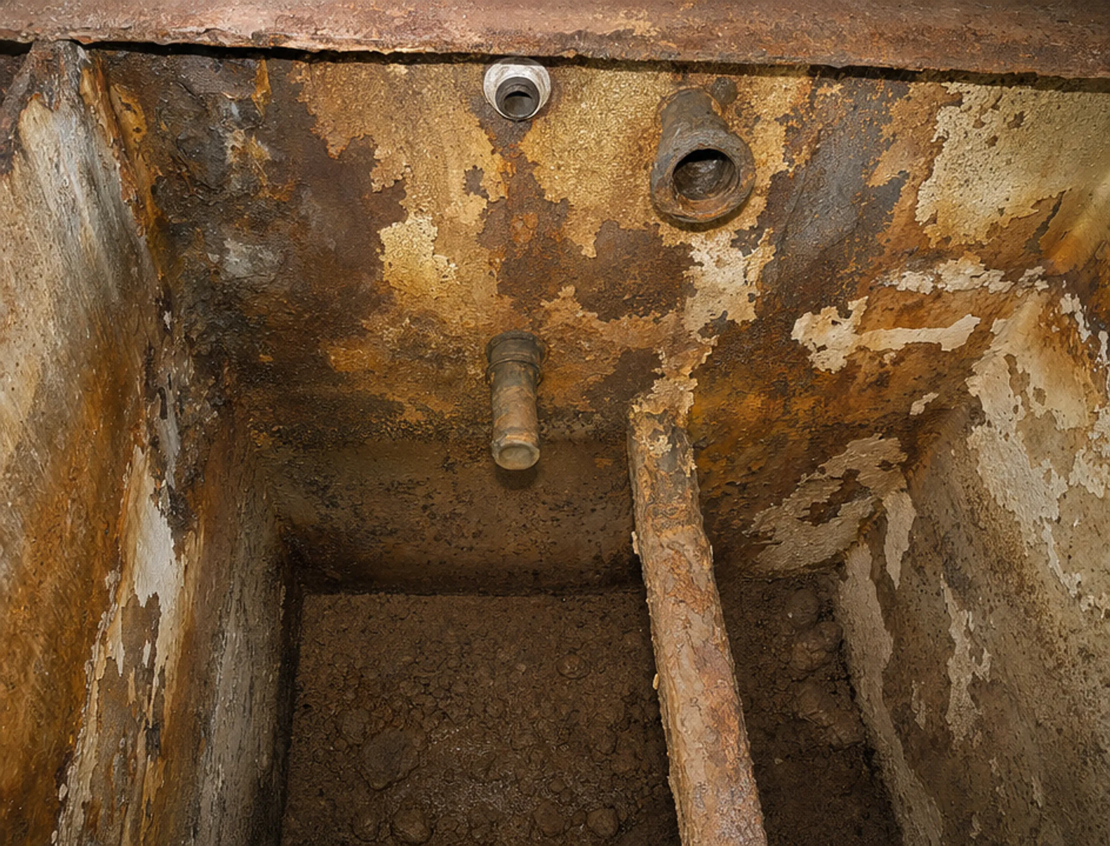 Corroded industrial water tank interior showing sediment and coating failure