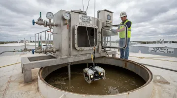 Bristola patented equalization chamber ROV entry system cleaning liquid-filled barge tank