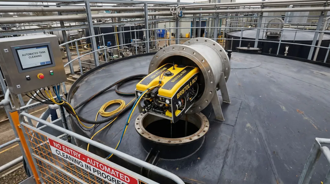 Bristola robotic ROV cleaning system deploying through tank manhole entry portal