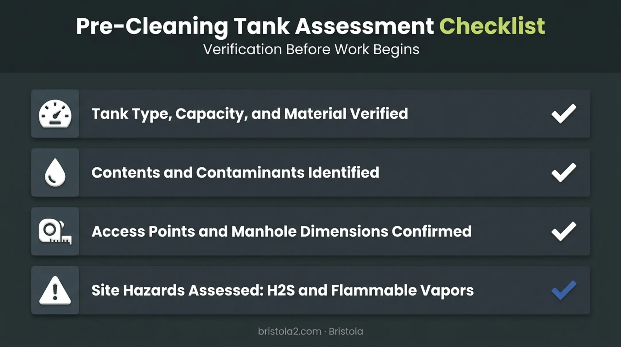 Tank assessment checklist showing site conditions and hazard documentation steps