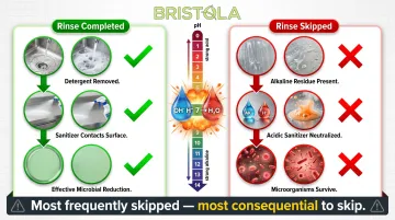 Alkaline detergent residue neutralizing acidic sanitizer on food contact surface diagram