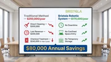 Traditional tank cleaning 250000 dollars versus Bristola robotic system 170000 dollars annual cost comparison