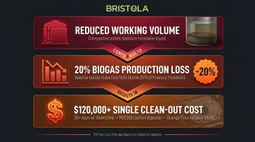 Anaerobic digester sludge buildup costs biogas loss and 120000 dollar clean-out breakdown