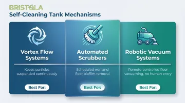 Three powered self-cleaning tank system types vortex scrubber and robotic vacuum comparison