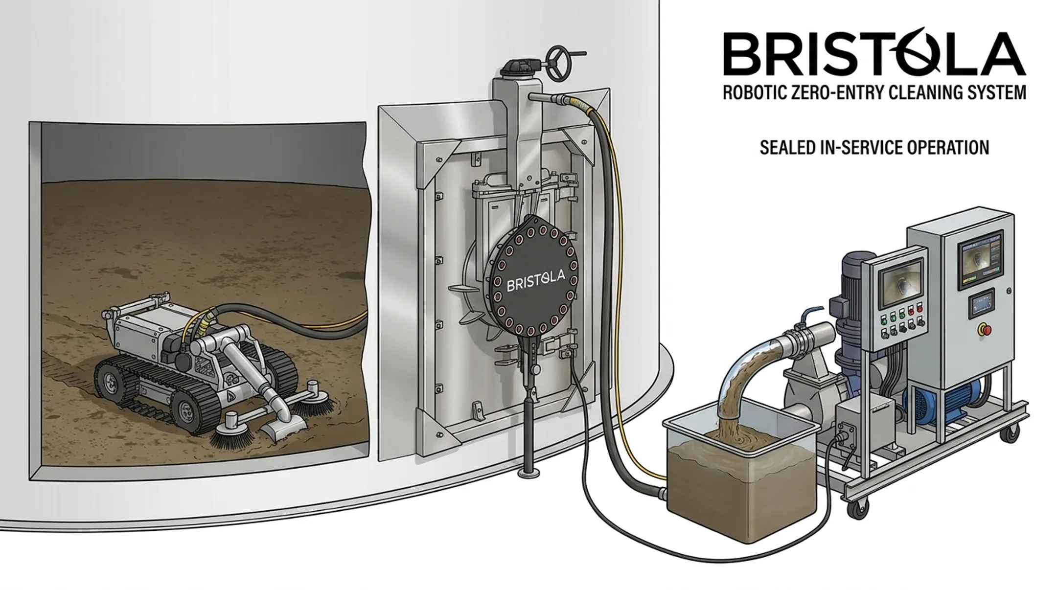 Robotic zero-entry sludge cleaning system attached to sealed tank portal