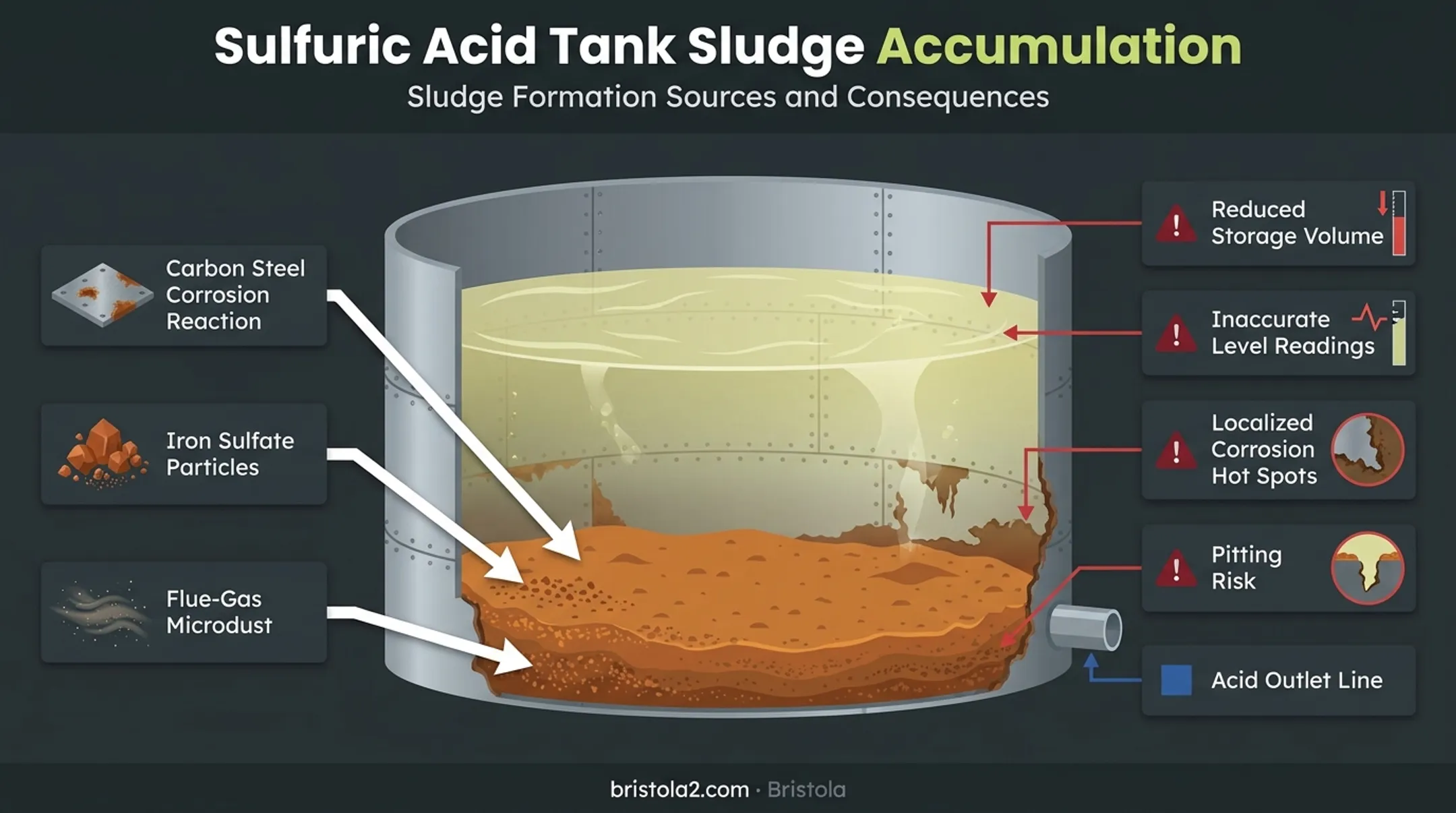 Sulfuric acid tank sludge buildup causes and effects diagram