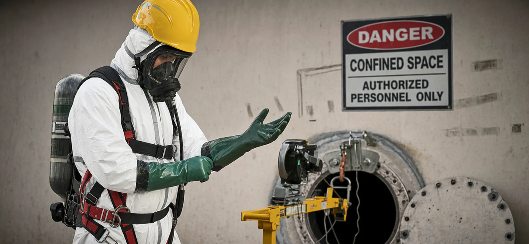 Confined space entry worker wearing acid-resistant PPE and respirator gear
