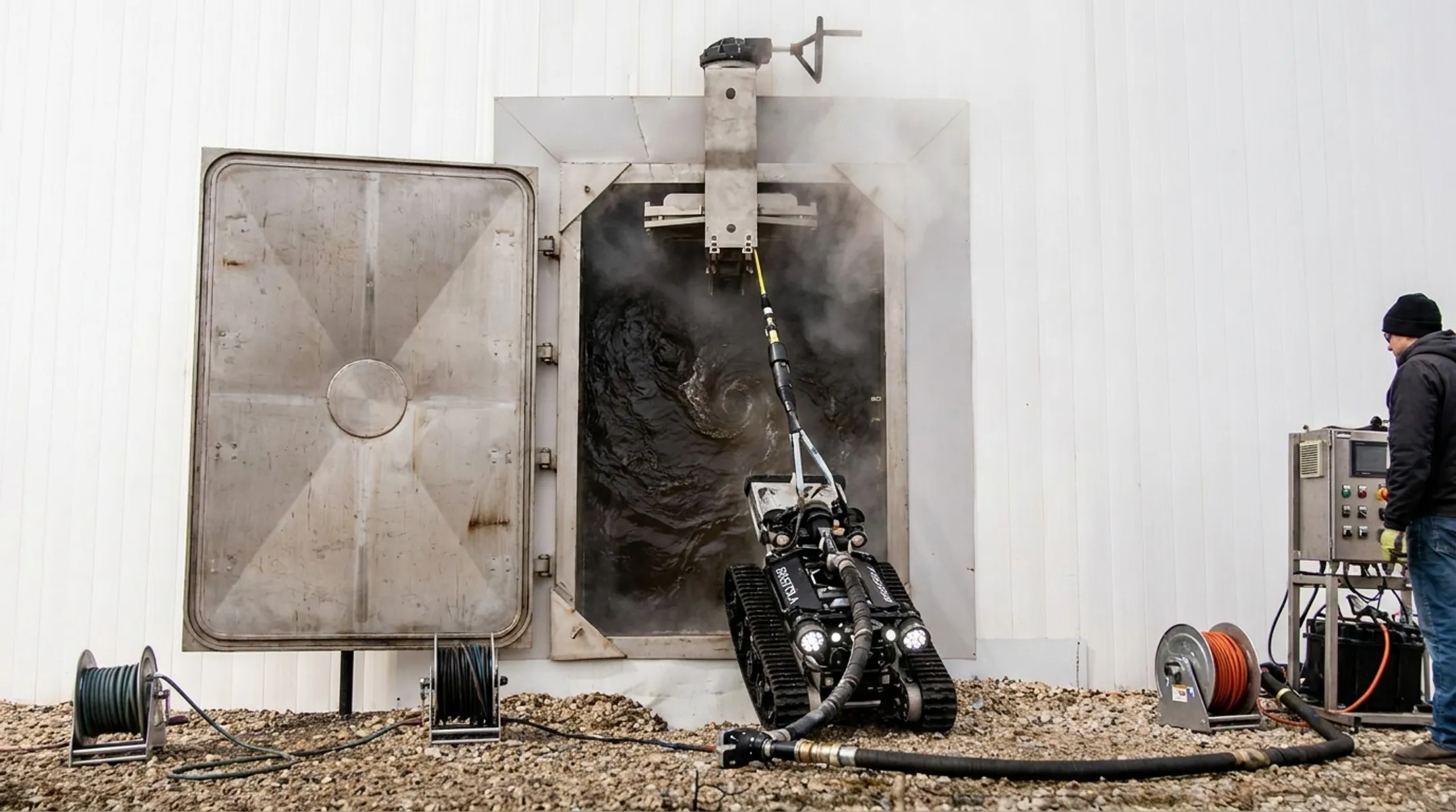 Robotic ROV cleaning system entering digester tank through equalization portal