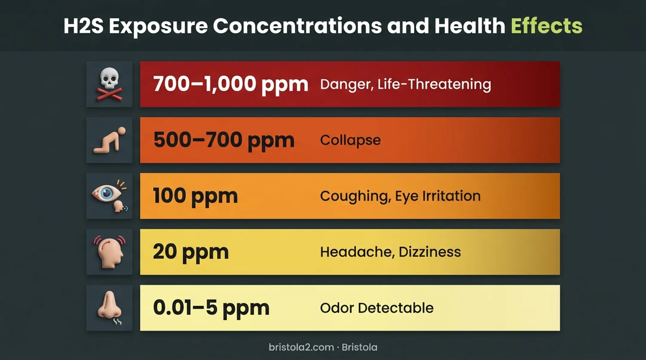 H2S concentration levels and health effects severity chart