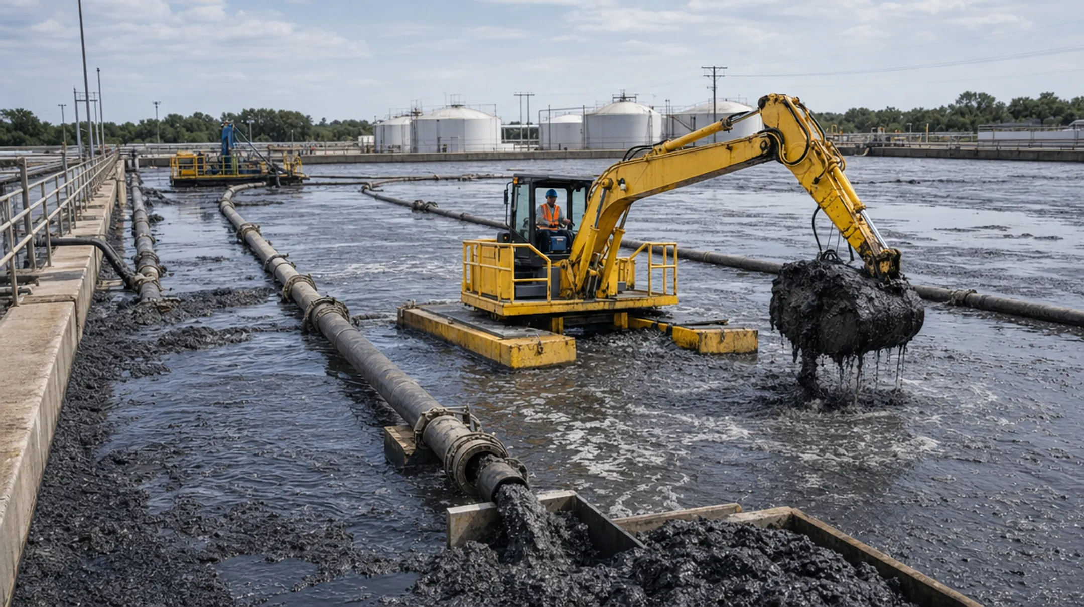 Industrial dredging equipment removing sludge from wastewater lagoon