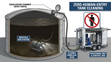 Bristola submersible ROV cleaning storage tank interior without human confined space entry